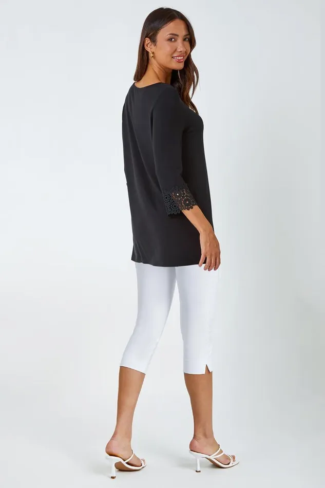 Black Plain Lace Trim Stretch Top Women Roman Tops