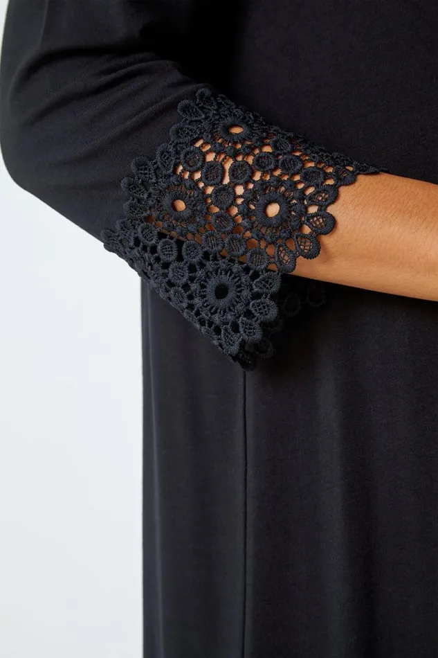 Black Plain Lace Trim Stretch Top Women Roman Tops