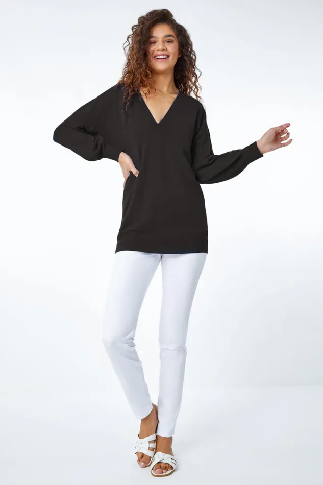 Black Plain Stretch VNeck Longline Jumper Women Roman Knitwear