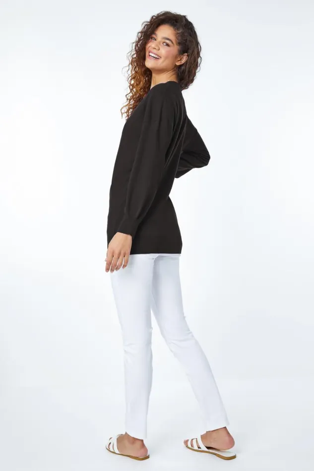 Black Plain Stretch VNeck Longline Jumper Women Roman Knitwear