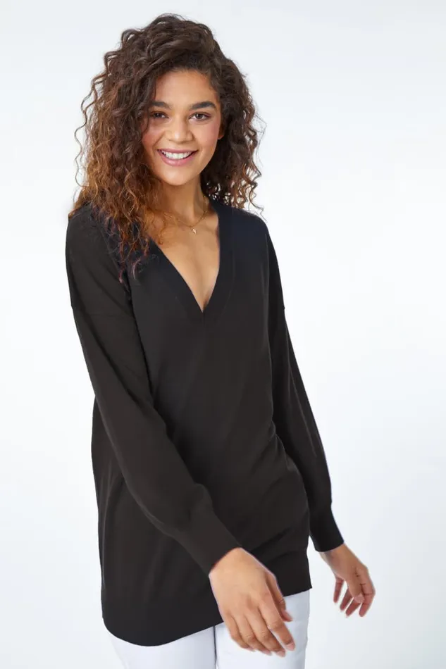 Black Plain Stretch VNeck Longline Jumper Women Roman Knitwear