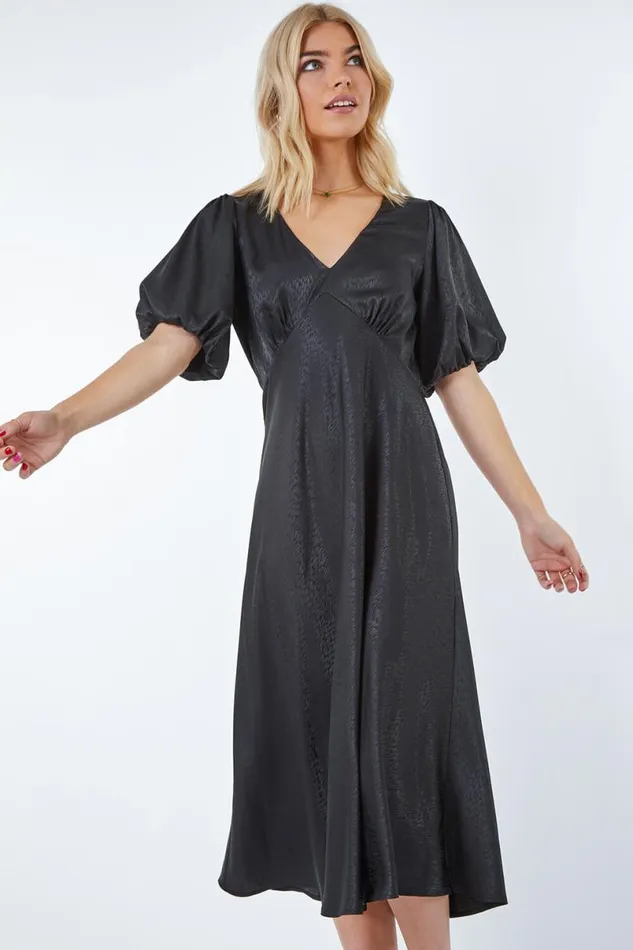 Black Puff Sleeve Satin Midi Dress Women Roman Dresses