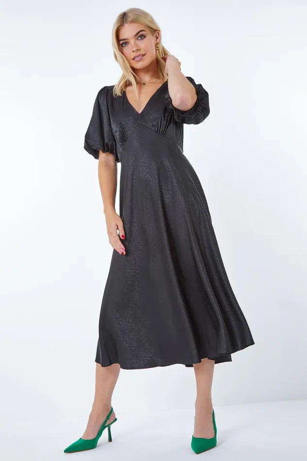 Black Puff Sleeve Satin Midi Dress Women Roman Dresses