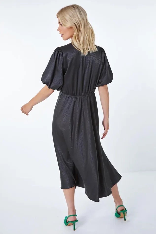 Black Puff Sleeve Satin Midi Dress Women Roman Dresses