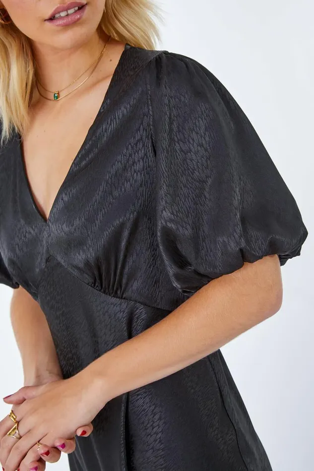 Black Puff Sleeve Satin Midi Dress Women Roman Dresses