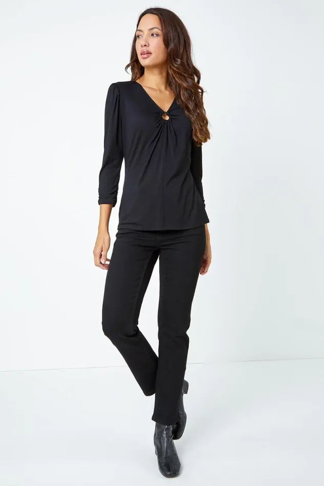 Black Ring Detail Jersey Top Women Roman Tops