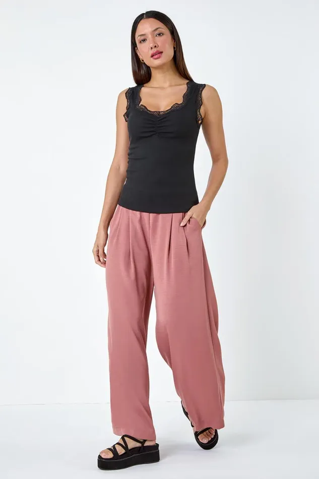 Black Ruched Lace Trim Top Women Roman Tops