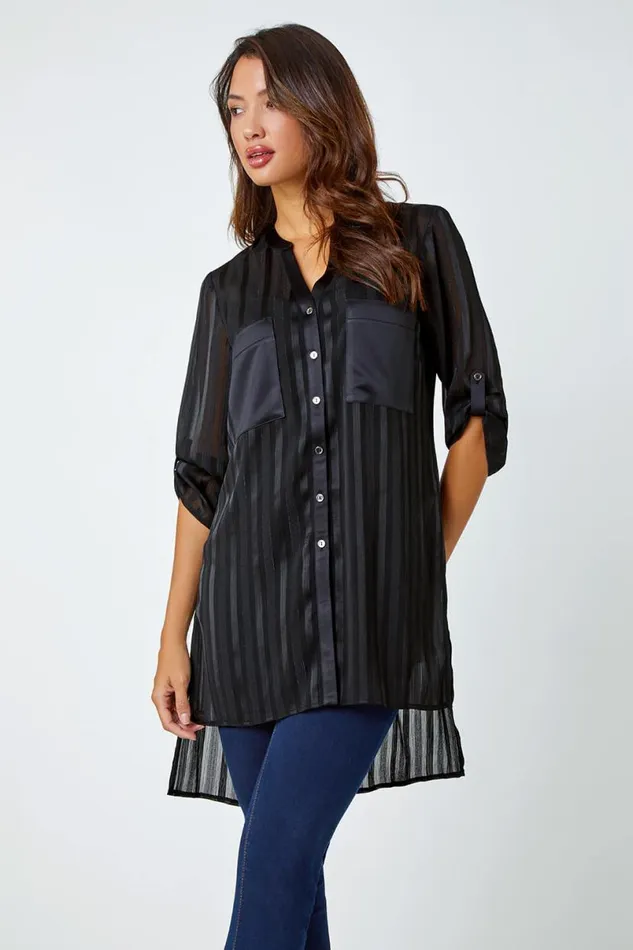 Black Satin Shimmer Stripe Longline Blouse Women Roman Tops