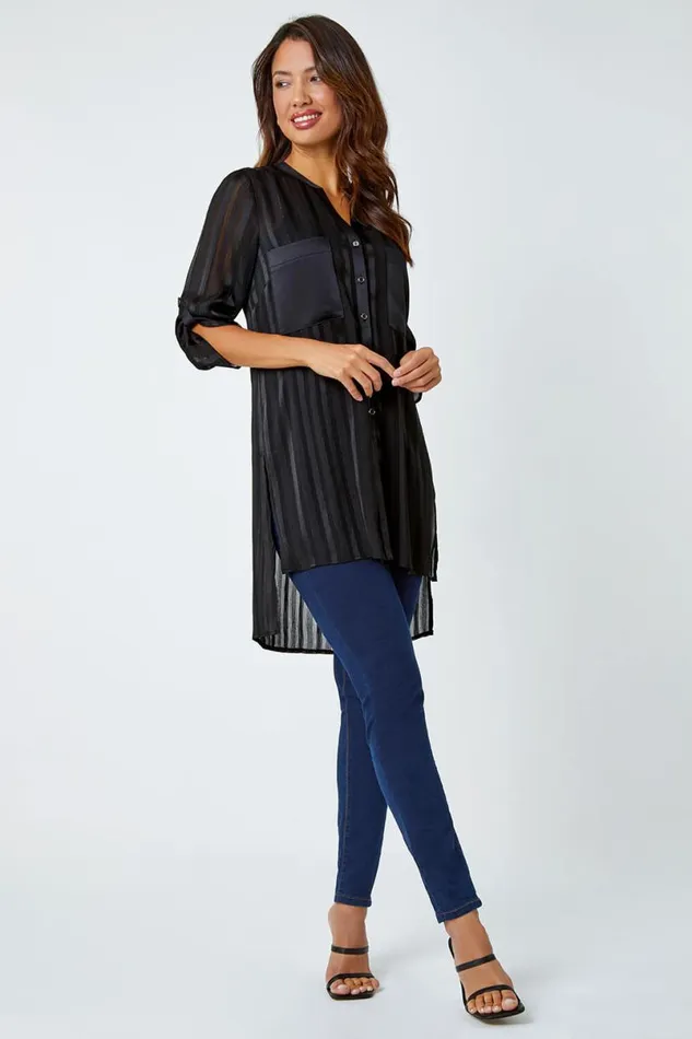 Black Satin Shimmer Stripe Longline Blouse Women Roman Tops