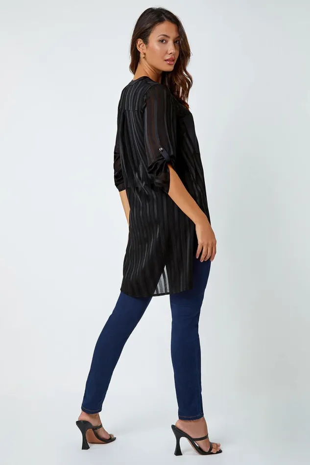 Black Satin Shimmer Stripe Longline Blouse Women Roman Tops