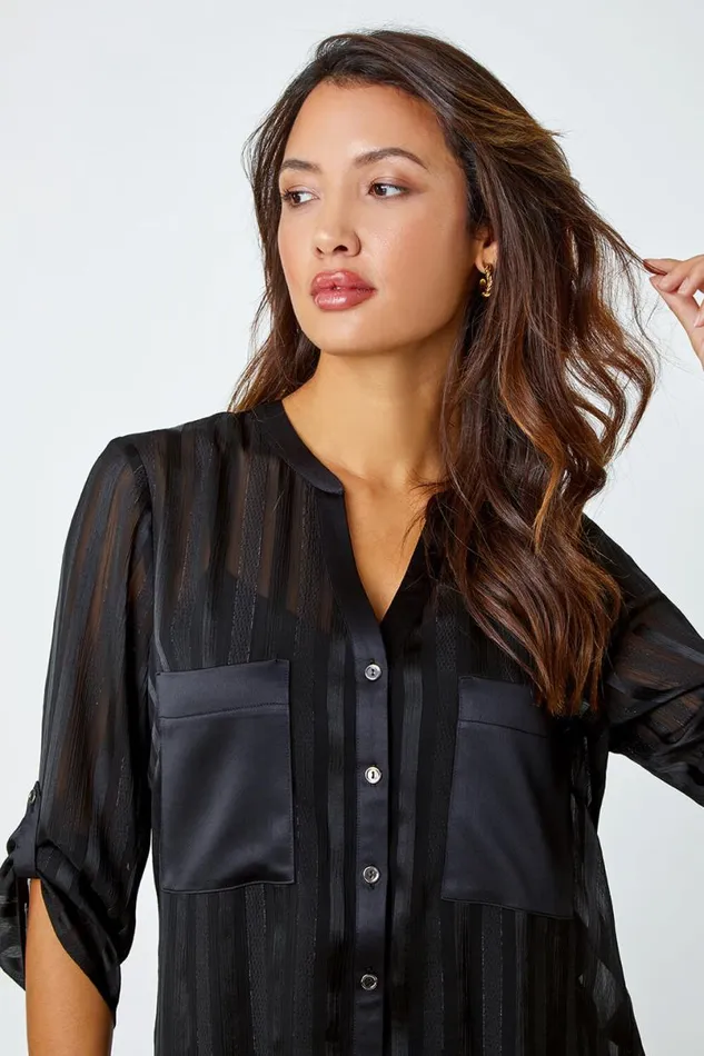 Black Satin Shimmer Stripe Longline Blouse Women Roman Tops