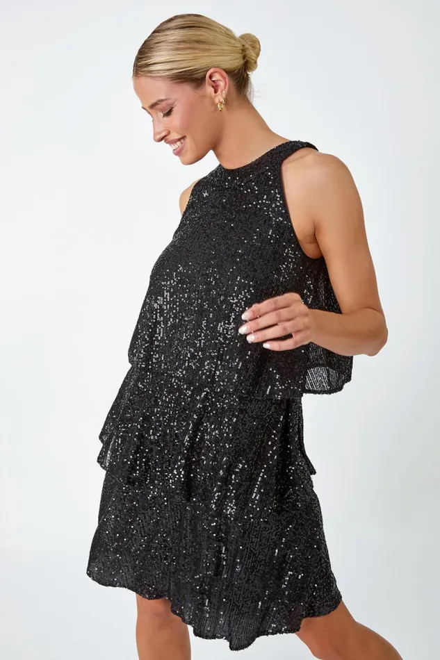 Black Sequin Embellished Tiered Stretch Dress Women Roman Dresses