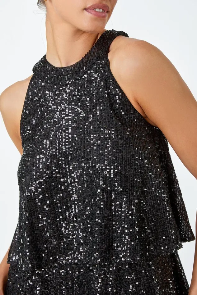 Black Sequin Embellished Tiered Stretch Dress Women Roman Dresses