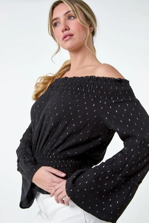 Black Shimmer Foil Textured Bardot Top Women Roman Tops