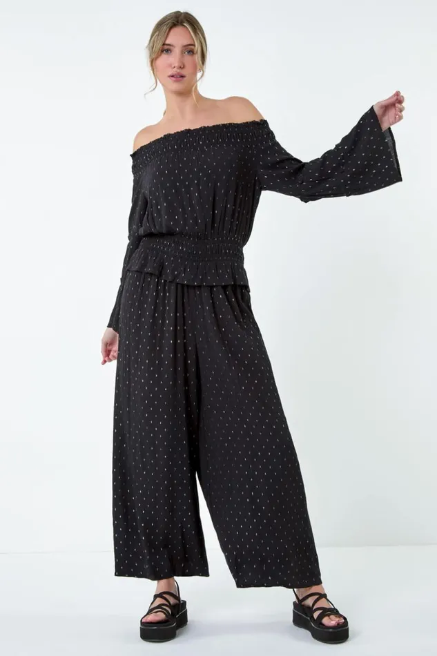 Black Shimmer Foil Textured Bardot Top Women Roman Tops