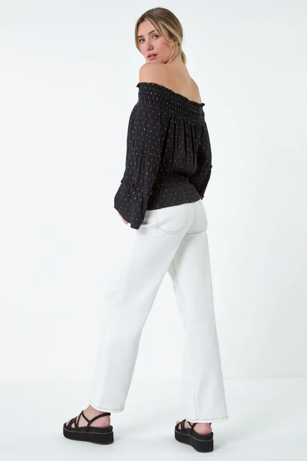 Black Shimmer Foil Textured Bardot Top Women Roman Tops