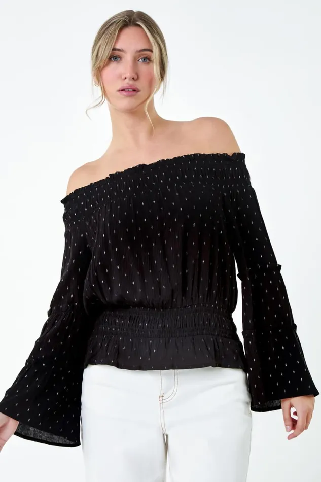 Black Shimmer Foil Textured Bardot Top Women Roman Tops