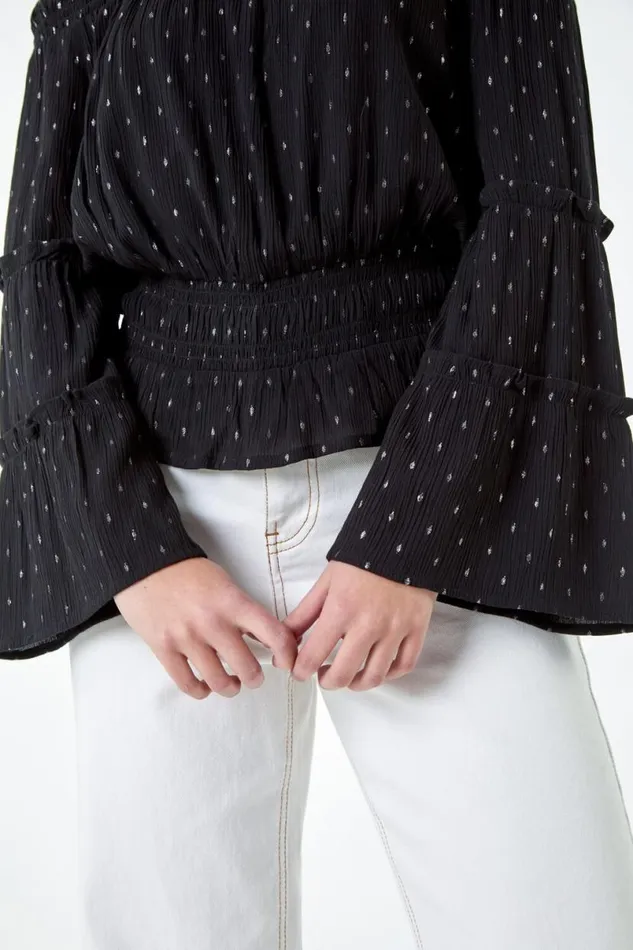 Black Shimmer Foil Textured Bardot Top Women Roman Tops
