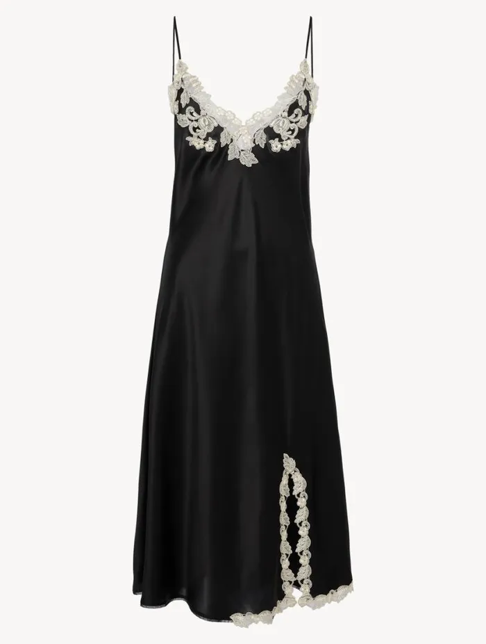 Black Silk Satin Short Nightgown With Frastaglio Sleepwear La Perla Pajamas