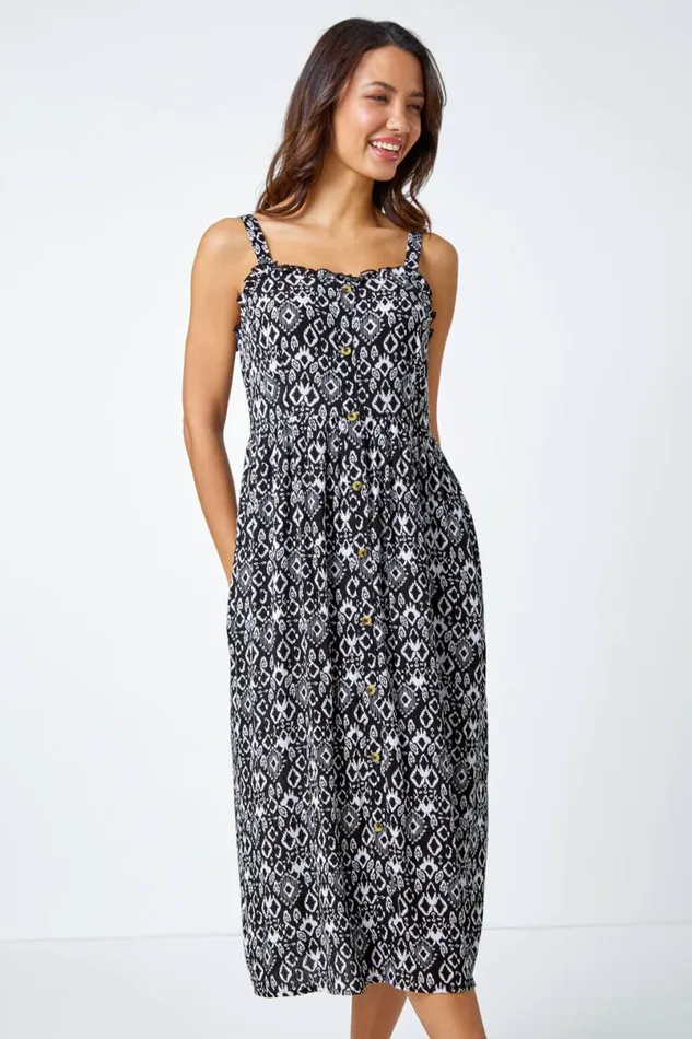 Black Sleeveless Aztec Print Midi Sun Dress Women Roman Dresses