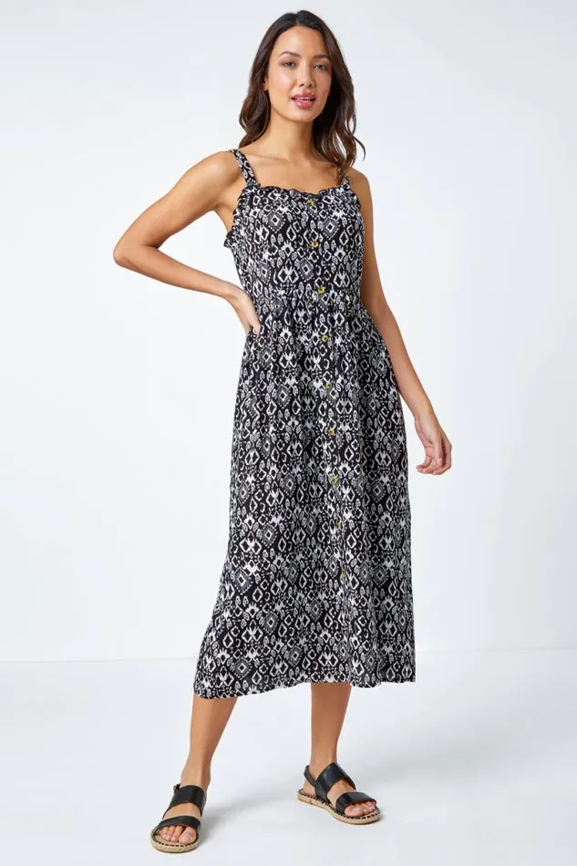 Black Sleeveless Aztec Print Midi Sun Dress Women Roman Dresses