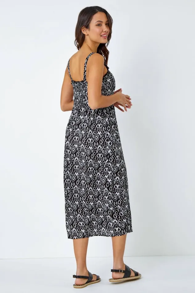 Black Sleeveless Aztec Print Midi Sun Dress Women Roman Dresses