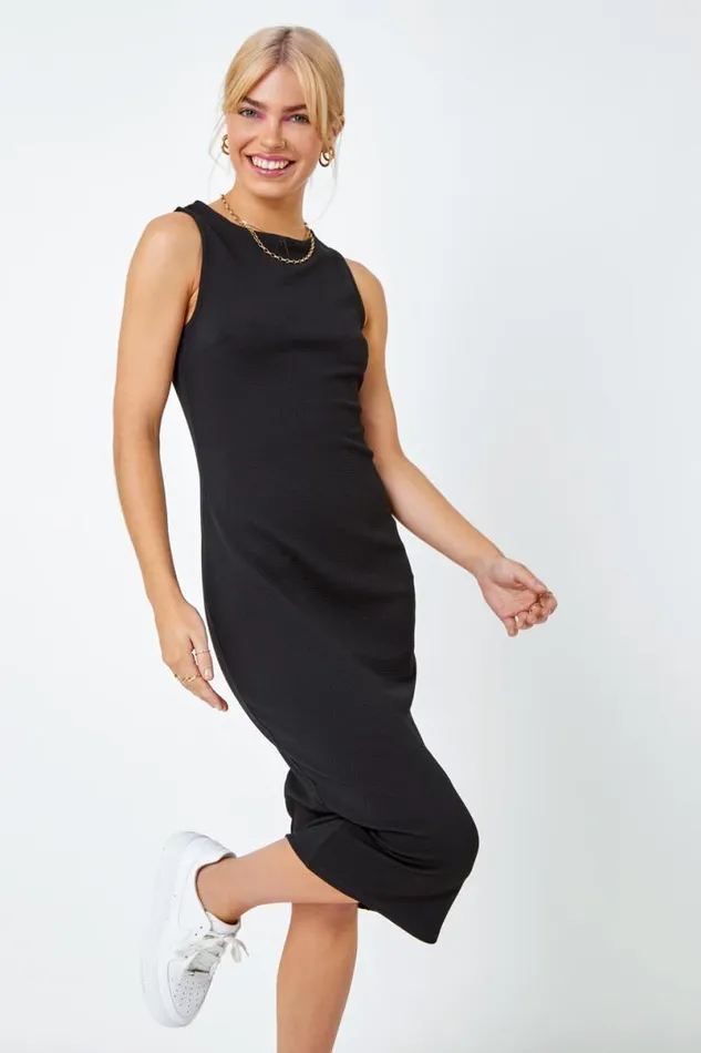 Black Sleeveless Midi Stretch Dress Women Roman Dresses