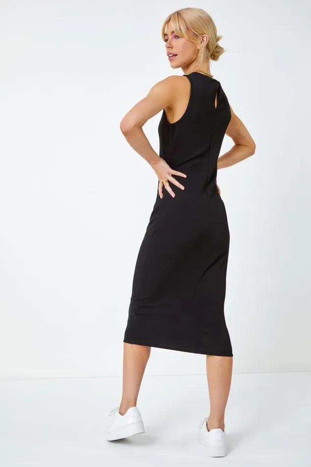 Black Sleeveless Midi Stretch Dress Women Roman Dresses