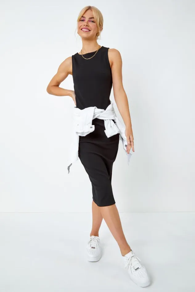 Black Sleeveless Midi Stretch Dress Women Roman Dresses