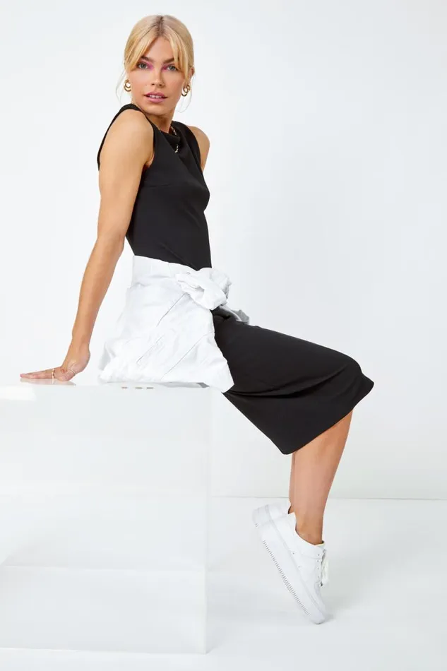 Black Sleeveless Midi Stretch Dress Women Roman Dresses