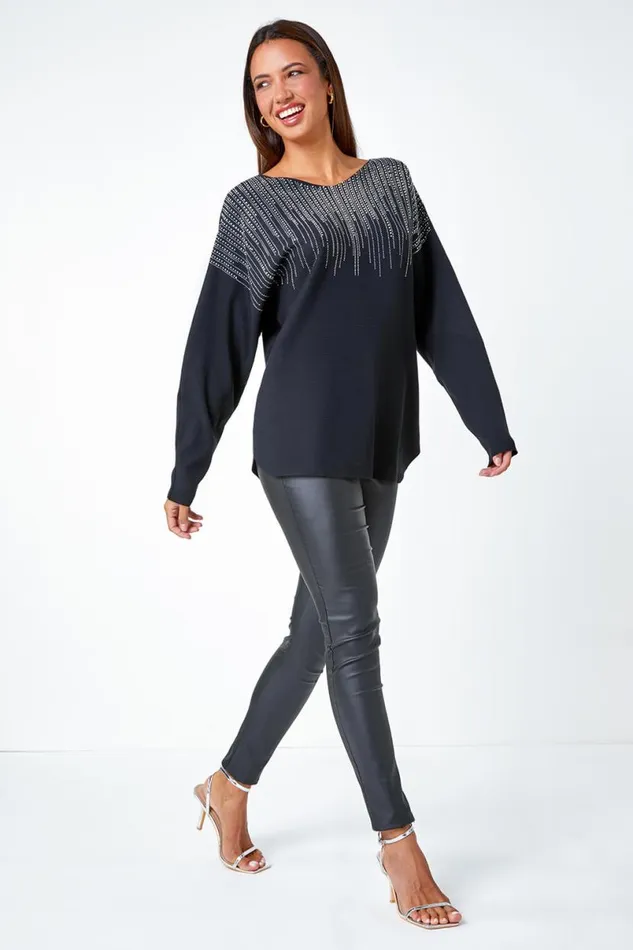 Black Sparkle Embellished VNeck Knit Jumper Women Roman Knitwear