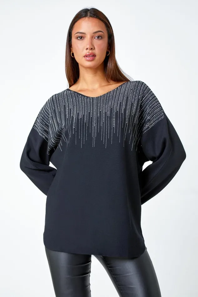 Black Sparkle Embellished VNeck Knit Jumper Women Roman Knitwear