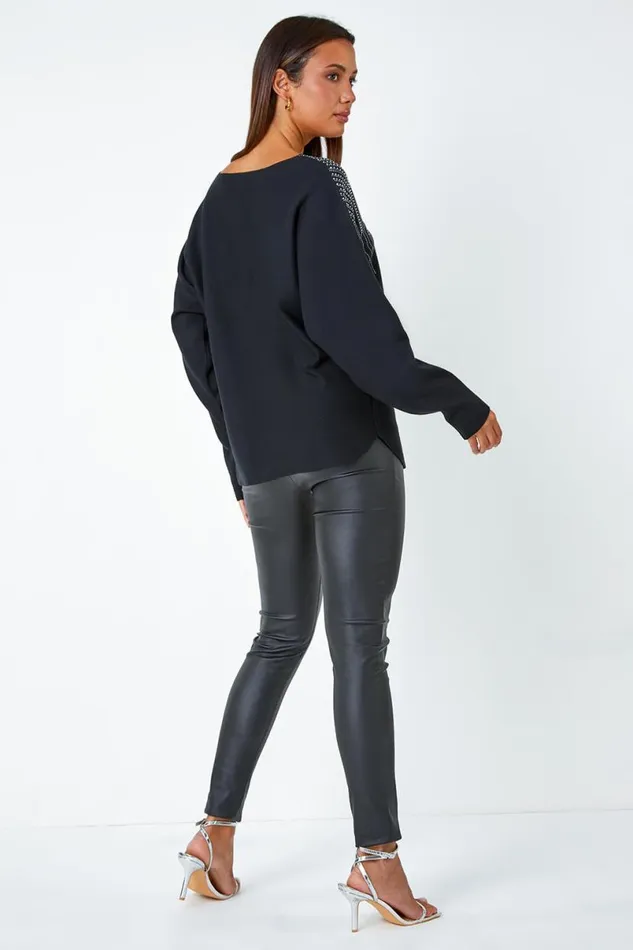 Black Sparkle Embellished VNeck Knit Jumper Women Roman Knitwear