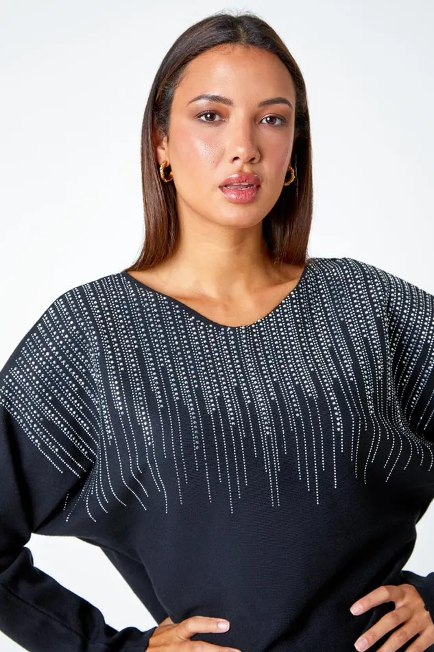 Black Sparkle Embellished VNeck Knit Jumper Women Roman Knitwear