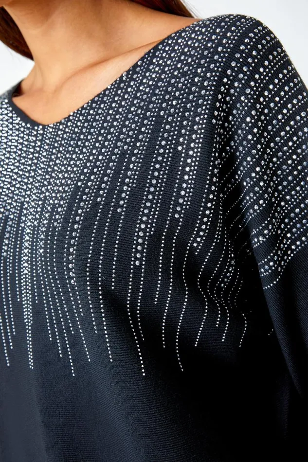 Black Sparkle Embellished VNeck Knit Jumper Women Roman Knitwear