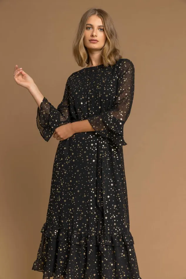 Black Star Foil Print Frill Dress Women Roman Dresses