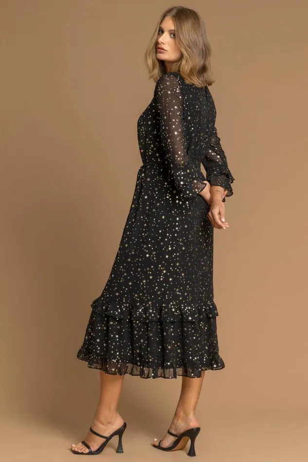Black Star Foil Print Frill Dress Women Roman Dresses