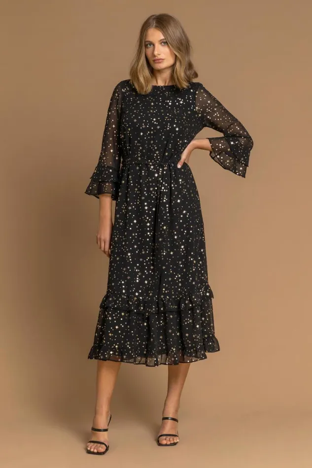 Black Star Foil Print Frill Dress Women Roman Dresses