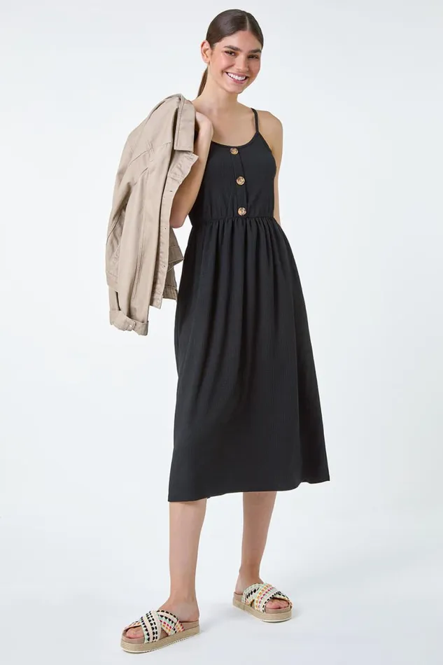 Black Stretch Jersey Button Midi Dress Women Roman Dresses