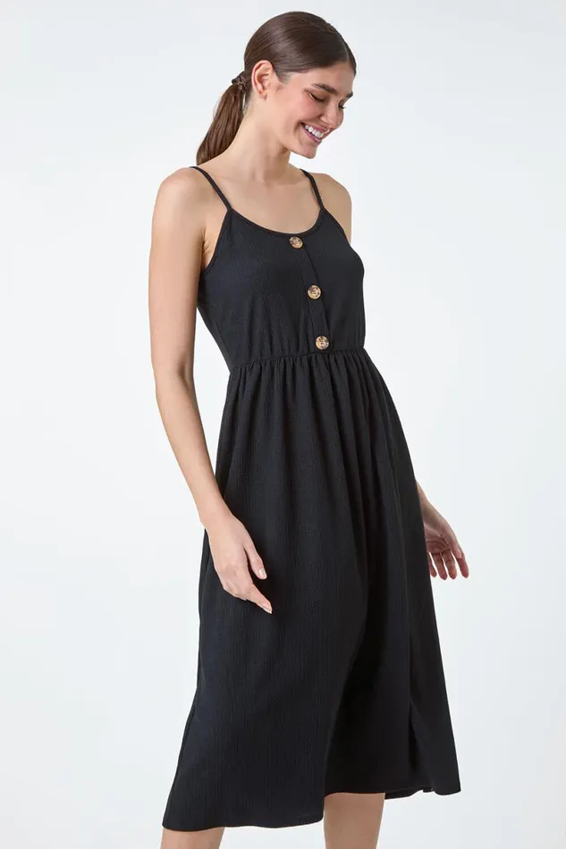 Black Stretch Jersey Button Midi Dress Women Roman Dresses