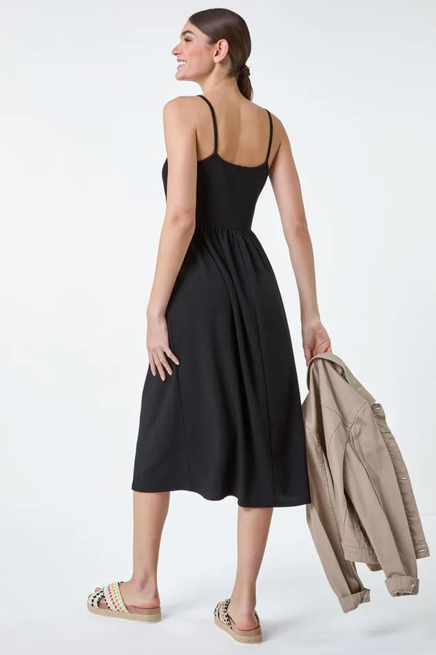Black Stretch Jersey Button Midi Dress Women Roman Dresses