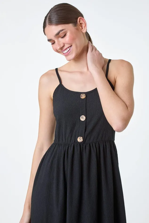 Black Stretch Jersey Button Midi Dress Women Roman Dresses