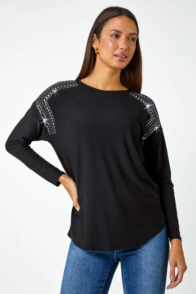 Black Stud Embellished Stretch Jersey Top Women Roman Tops