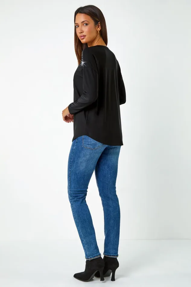 Black Stud Embellished Stretch Jersey Top Women Roman Tops