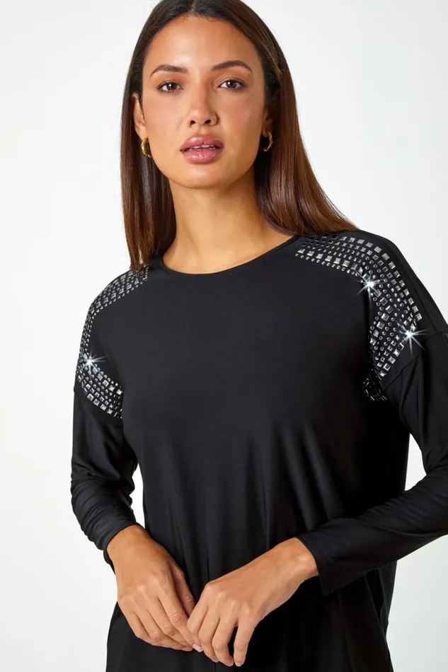 Black Stud Embellished Stretch Jersey Top Women Roman Tops