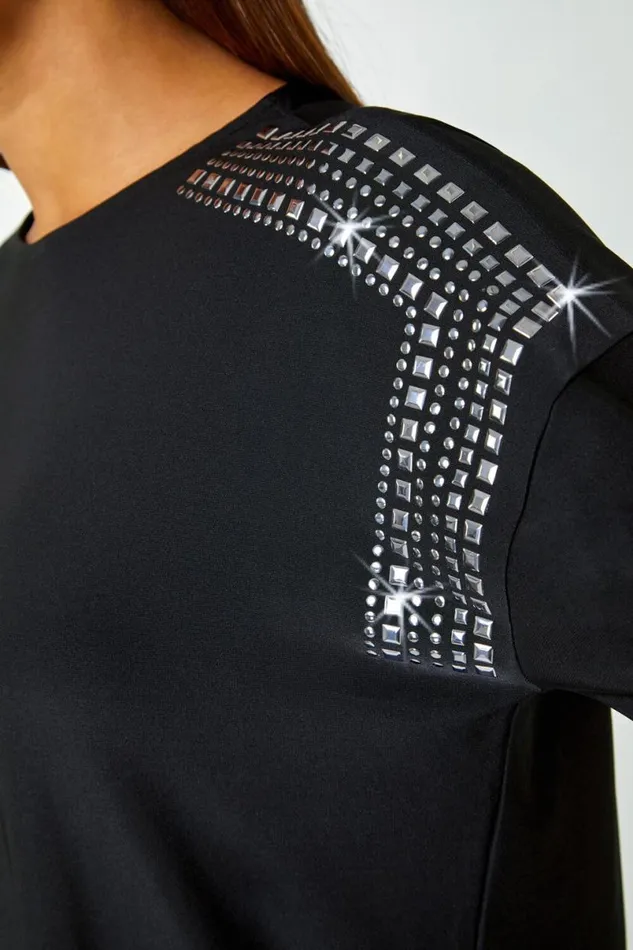 Black Stud Embellished Stretch Jersey Top Women Roman Tops