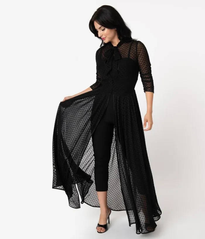 Black Swiss Dot Starlet Duster Dresses Unique Vintage Maxi
