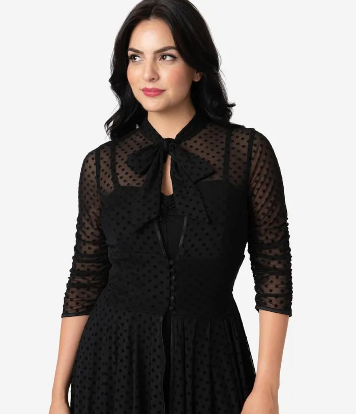 Black Swiss Dot Starlet Duster Dresses Unique Vintage Maxi