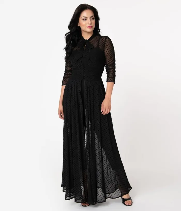 Black Swiss Dot Starlet Duster Dresses Unique Vintage Maxi