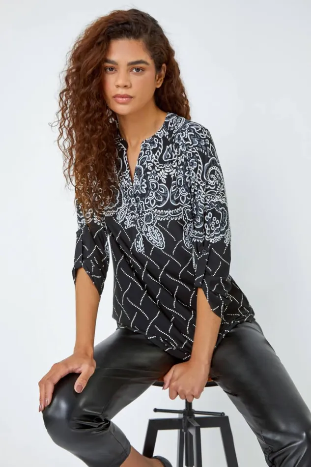 Black Textured Border Print Stretch Shirt Women Roman Tops